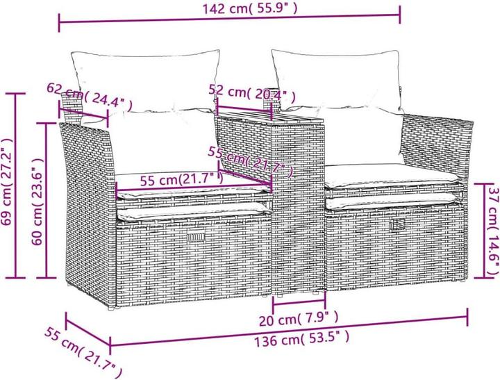 Produktbild vidaXL Gartensofa 2-Sitzer mit Hockern