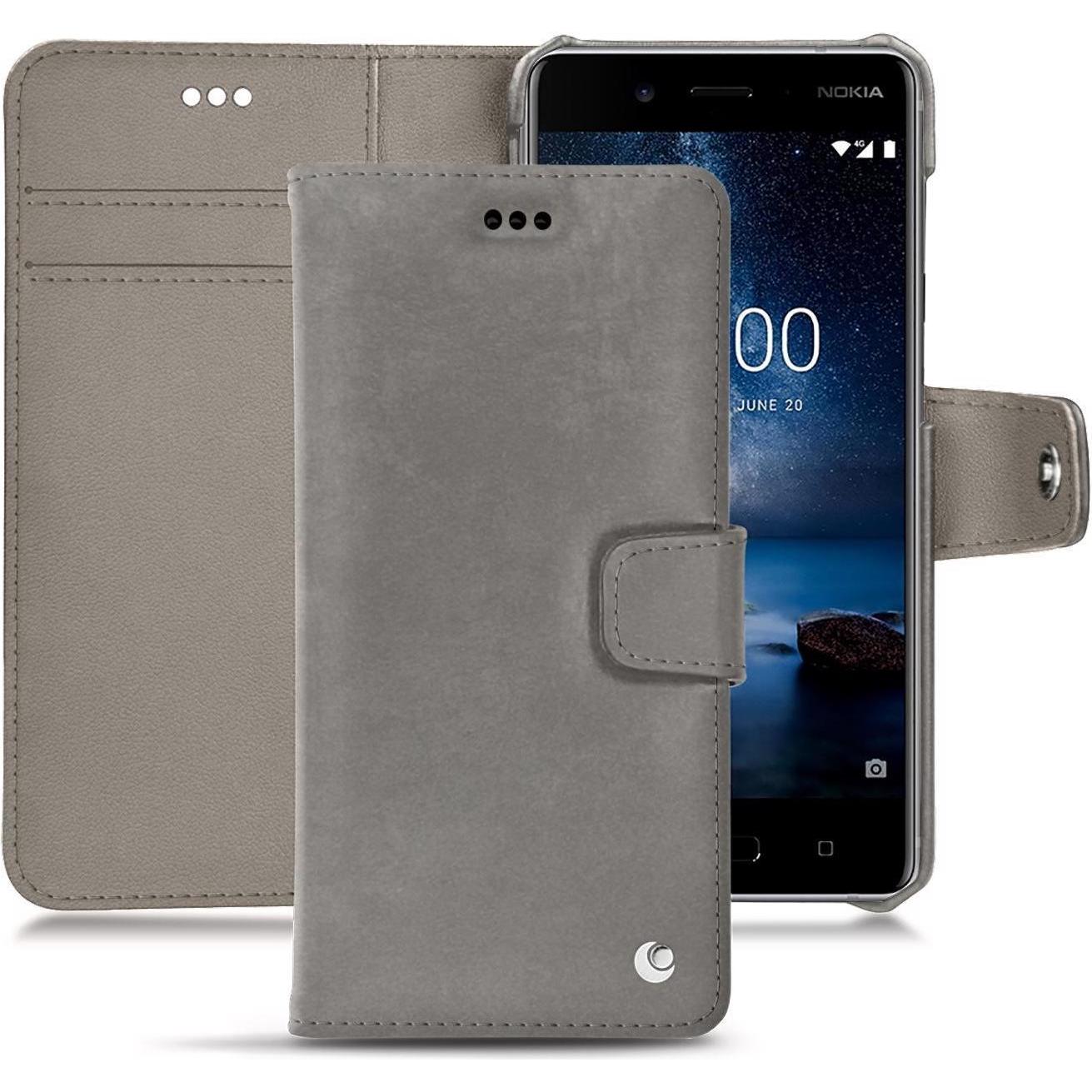 Noreve Lederschutzhülle Wallet (Nokia 8), Smartphone Hülle, Grau