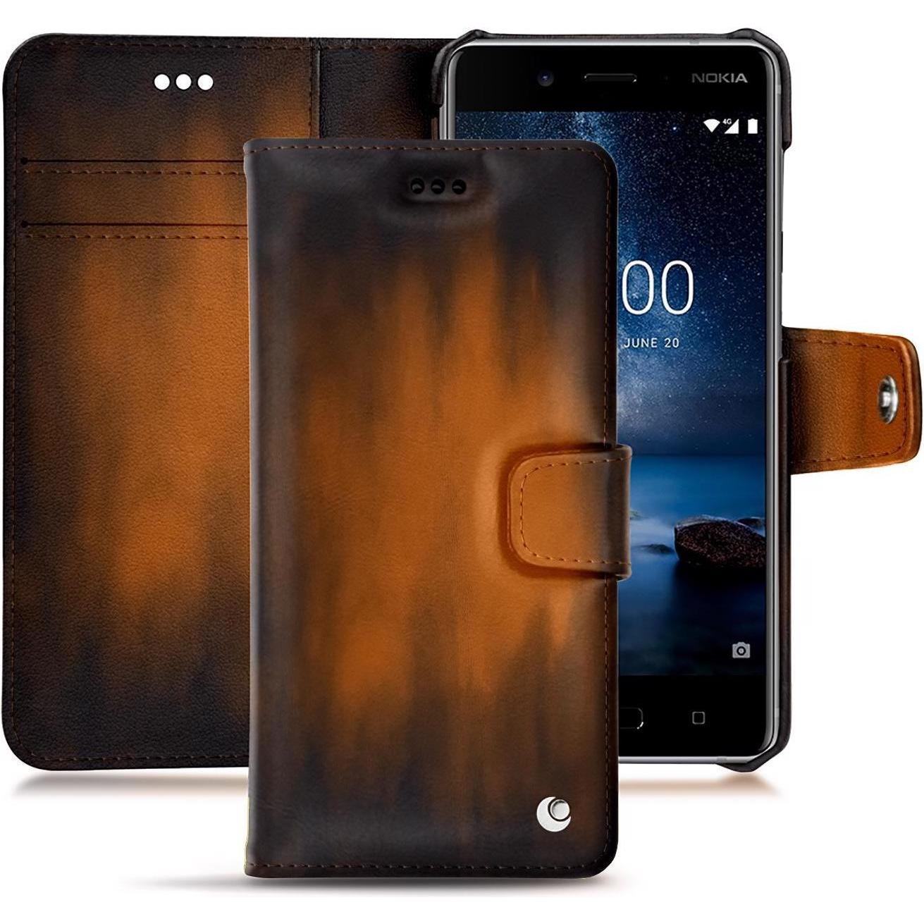 Noreve Lederschutzhülle Wallet (Nokia 8), Smartphone Hülle, Braun