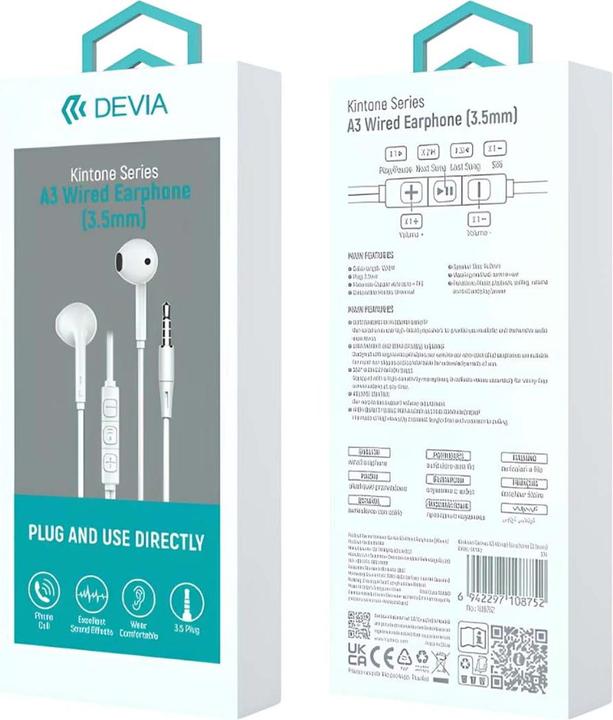 Actual product image Devia wired earphones Kintone A3 jack 3,5mm white (Cable)