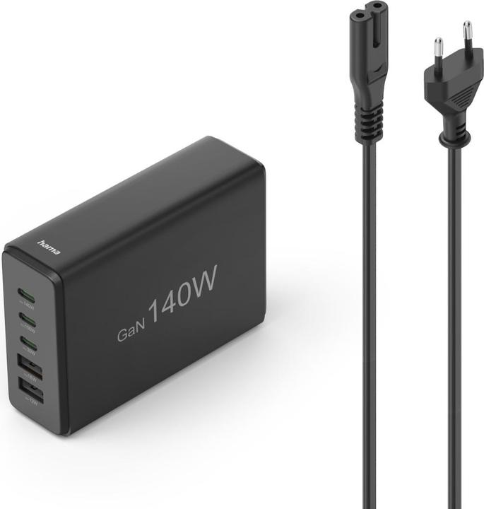 Hama Charging station 5 ports, GaN, fast charger, 3xUSB-C, 2xUSB-A, PD, 140 W, SW (140 W)
