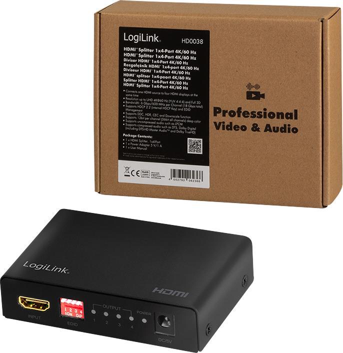 Actual product image LogiLink HD0038 HDMI Splitter 1x4-Port, 4K/60 Hz, HDCP, EDID, HDR, CEC, downscaler