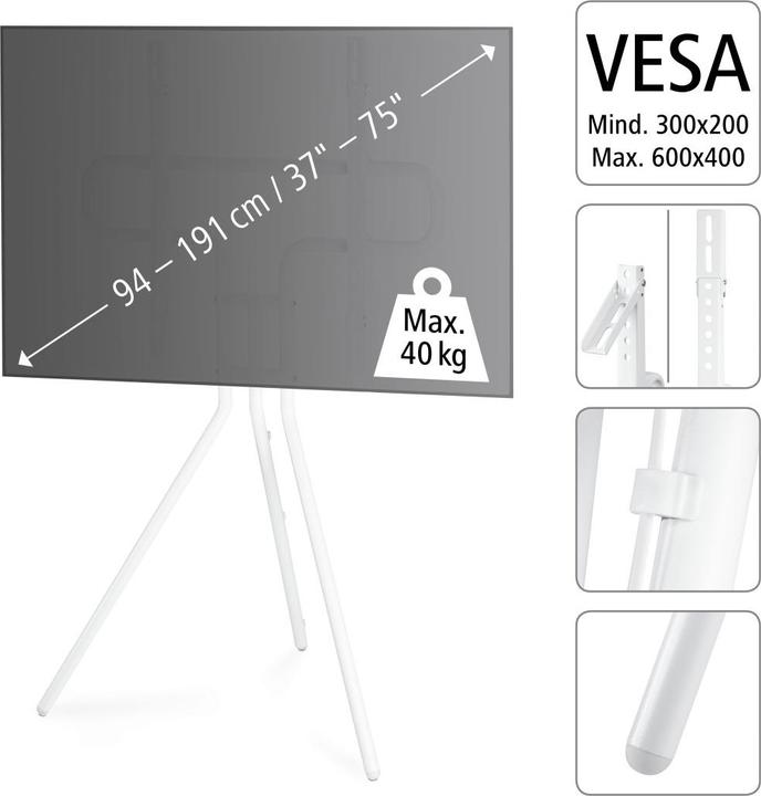 Image du produit Hama Easel Design - Support pour téléviseur - métal - blanc - Taille d'écran : 94-191 cm (40 kg, 37" - 75")