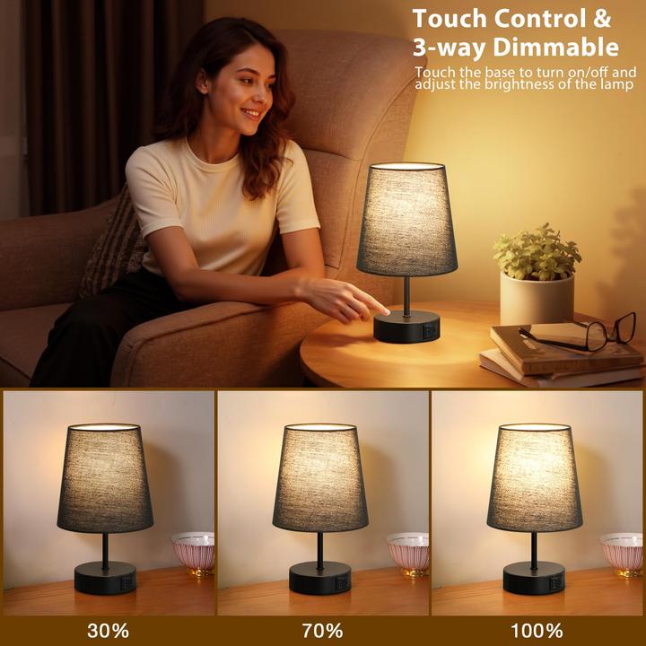 Produktbild Alopini Bedside Lamp Touch Dimmable, USB A+C Charging Function, Table Lamp with Lampshade (E27)