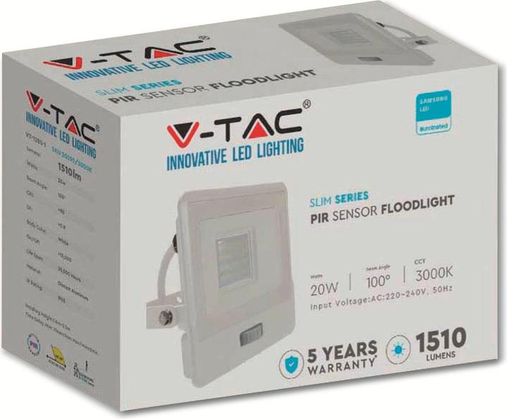 Produktbild V-TAC VT128S 20W LED PIR Sensor Flutlicht SAMSUNG Chip Weisser Körper 3000K 1M Kabel (1510 lm)
