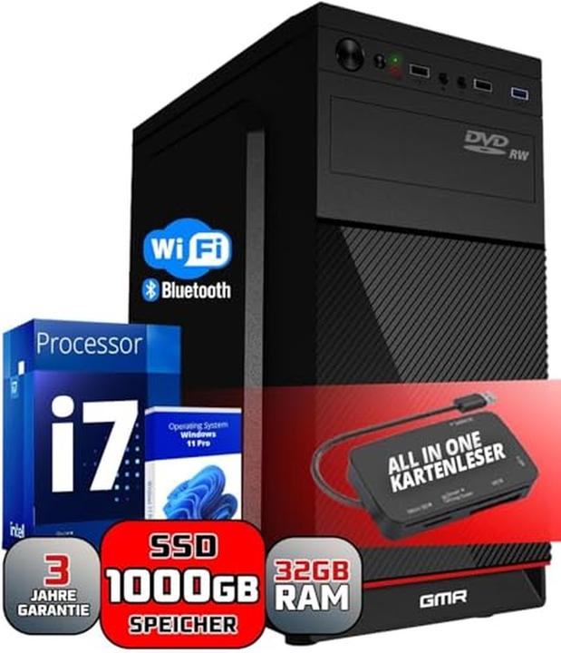 GMR Intel Core i7 Multimedia PC with 32GB RAM, 1TB SSD, DVD+RW, USB 3.0, WiFi, Windows 11 Pro (32.77 GB, 1000 GB)