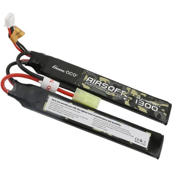 Gens Ace 25C 1300mAh 2S1P 7.4V Saddle Airsoft Gun Lipo Battery with mini Tamiya Plug (7.40 V, 1300 mAh)