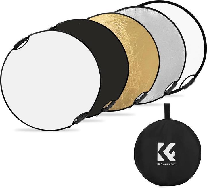 K&F Concept 5 in 1 Circular Photography Reflector 107cm with Handle Grip Gold Sliver Black White Translucent Pa (Folding reflector, Reflector, 110 cm)