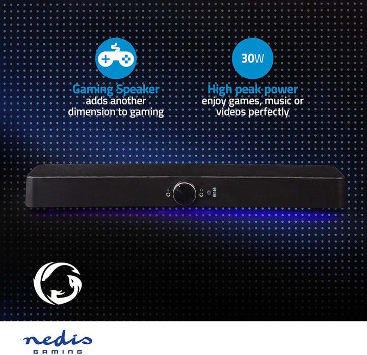 Actual product image Nedis Gaming speakers Speaker channels: 2.0 Power supply via USB 3.5 mm plug 30 W LED L (30 W, 2.0 Channel)