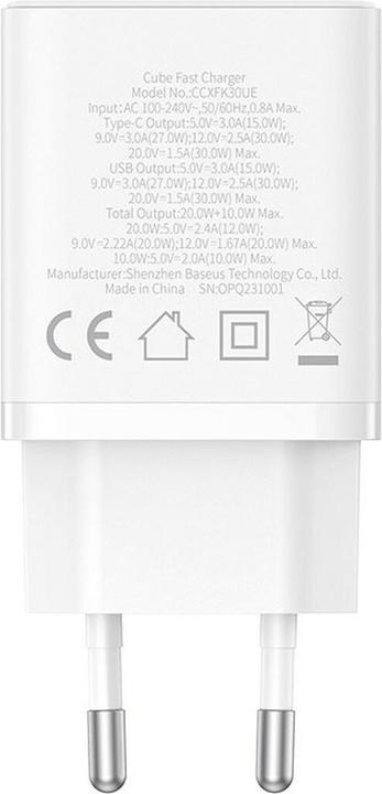 Image du produit Baseus Cube, 30W, 2.4A, 1 x USB-A - 1 x USB-C, blanc (30 W, 2 ports)