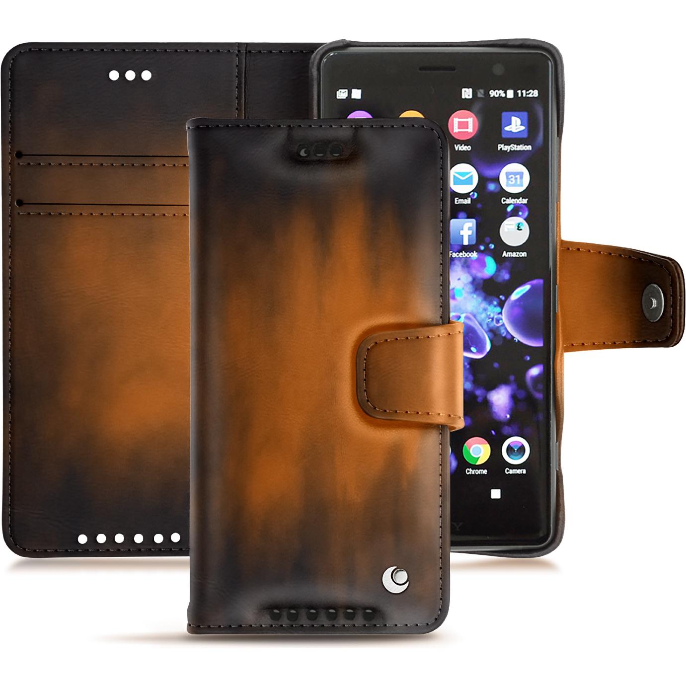 Noreve Lederschutzhülle Wallet (Sony Xperia XZ2 Compact), Smartphone Hülle, Braun