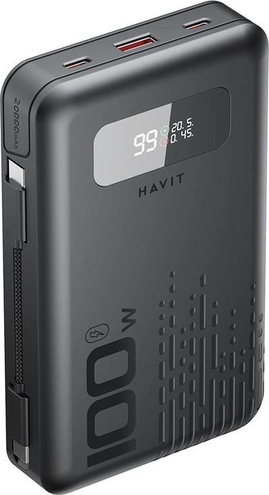 Havit - Power Bank (PB5212) - USB-C, LED display, Fast Charge, 100W, 20000mAh, 3.7V - Black (20000 mAh, 100 W)