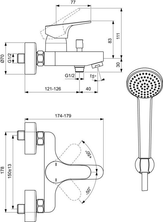 Actual product image Ideal Fixed Spout Shower or Bath Mixer Tap with Adjustable Connections and Water-Saving Cartridge