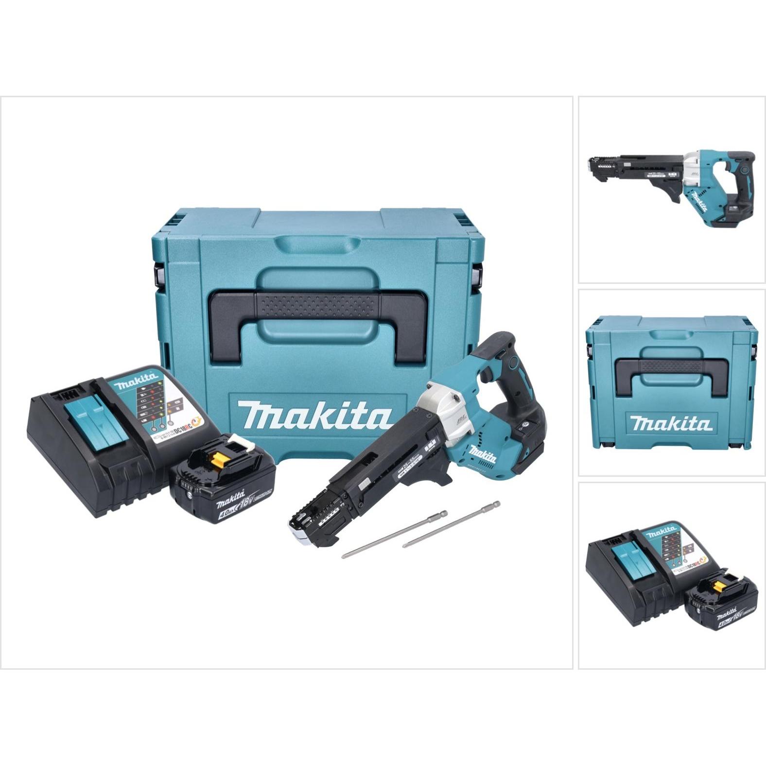Makita, Bohrmaschine + Akkuschrauber, DFR 551 RM1J Akku Magazinschrauber 18 V 25 - 55 mm Brushless + 1x Akku 4,0 Ah + La...