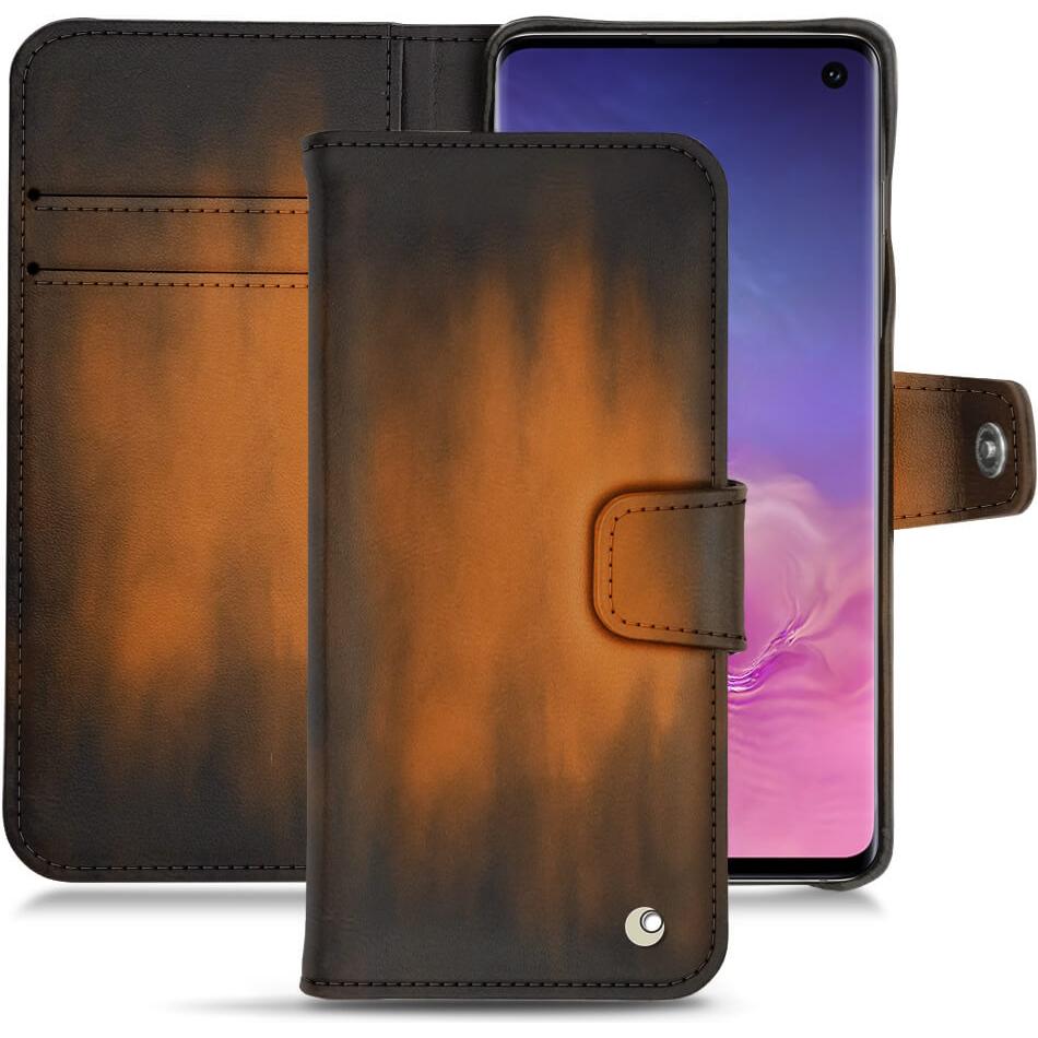 Noreve Lederschutzhülle Wallet (Samsung Galaxy S10+), Smartphone Hülle, Braun