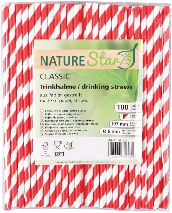 Immagine prodotto Naturestar Cannucce di carta Bio Classic 6x197mm a righe rosse/bianche PU=100 pezzi (100 x)
