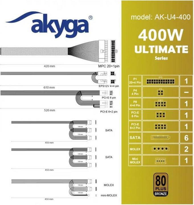 Immagine prodotto Akyga Alimentatore Ultimate ATX 400W AK-U4-400 80+Bronze Fan12cm P8 4xSATA PCI-E (400 W)