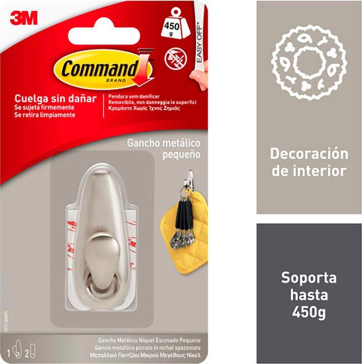 3M Command metal hook, small, polished nickel, 1 unit + 2 strips, max 450 gr