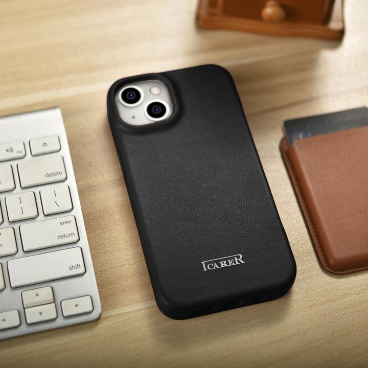 Actual product image iCarer CE Premium Leather Folio Case iPhone 14 Plus Magnetic Flip Leather Folio Case MagSafe black ( (Apple iPhone 14 Plus)