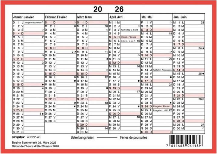 Nutritional values and ingredients Simplex Tafelkalender (A6, No binding, German, French)
