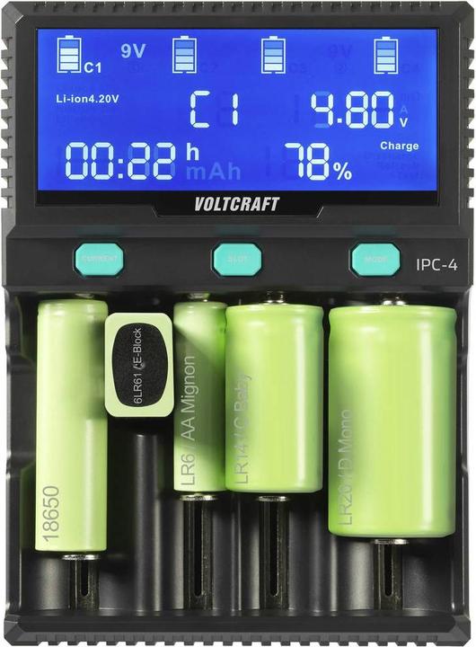 Actual product image Voltcraft IPC-4 round cell charger LiIon, LiFePO, NiMH, NiCd, LiFePO4 A, Mignon (AA), Micro (AAA) (1 pcs., 10440, 14500, 16340, 17335, 17500, 17670, 18490, 18650, 21700, 22650, 26500, 26650, 32650, AA, Sub-C, AAA, A, Chargers without battery)