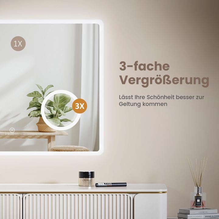 Produktbild Emke Badspiegel mit Beleuchtung 80*60cm, 3X Vergrösserung, Kaltweiss6500K, Dimmbar, Touch Schalter (80 x 60 cm)
