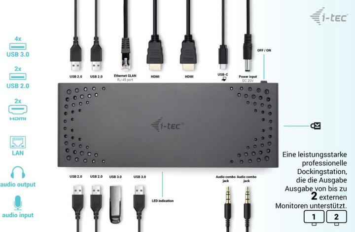 Produktbild i-tec USB 3.0 / USB-C / Thunderbolt Dual Display Docking Station + Power Delivery 100W (USB-C, 12 Ports)