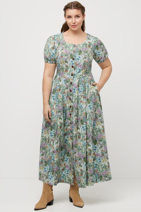 Produktbild Ulla Popken Midikleid, Blüten, Leinenmix, Rundhals, Puff-Halbarm (48)