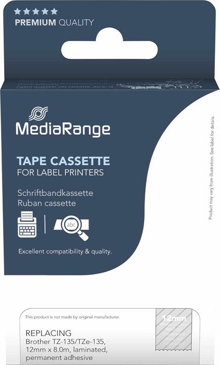 Produktbild MediaRange Schriftbandkassette weiÃŸ auf transparent 8m x 12mm (1.20 cm, Transparent, Weiss)