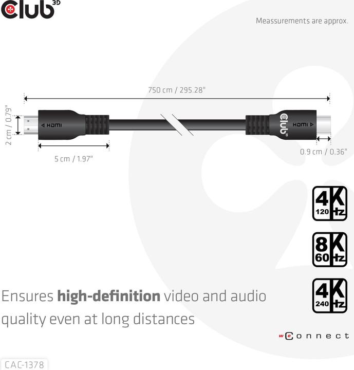Produktbild Club 3D Club3D HDMI-Kabel A -> A 2.1 Ultra High Speed 8K60Hz 7,5m retail (7.50 m, HDMI, 2.1)