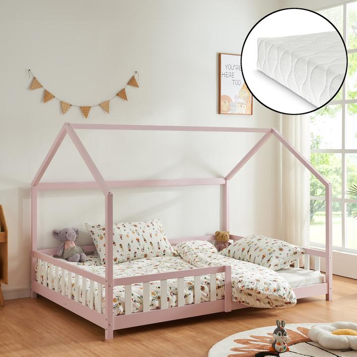 Produktbild En.Casa Hausbett Hesel mit Matratze und Rausfallschutz 140x200cm Rosa (140 x 200 cm)