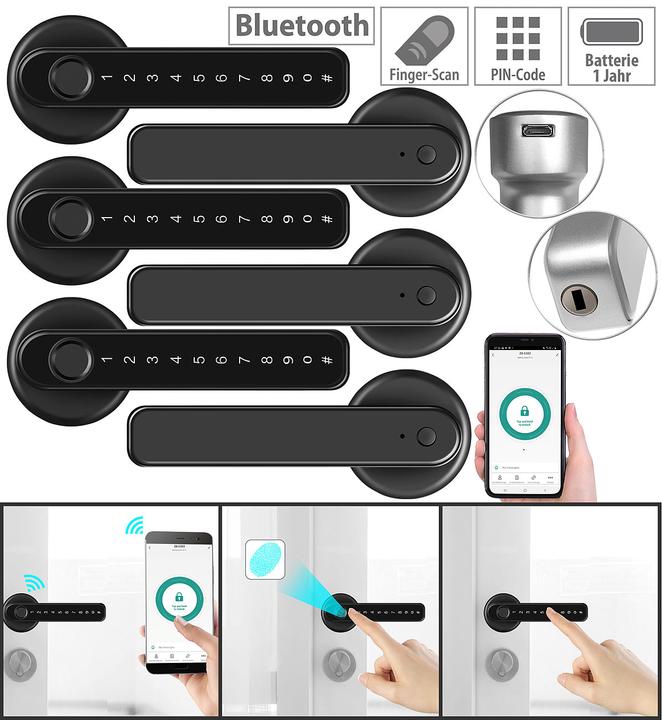 Produktbild VisorTech Türbeschläge mit Fingerabdruck-Scanner, PIN & App, 3er Set (Türgriff)