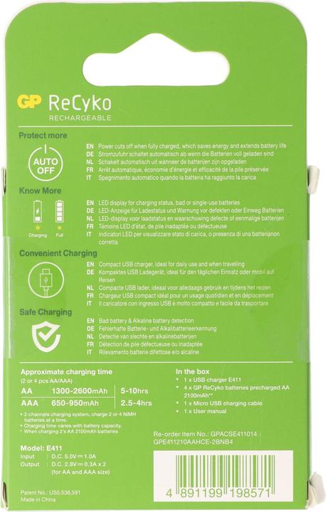 Produktbild GP Batteries USB-Modell Ladegerät GP E411 inkl. 4x ReCyko 1,2V AA Mignon 2100 mAh Akkus (4 Stk., AA, Ladegerät inkl. Akku)