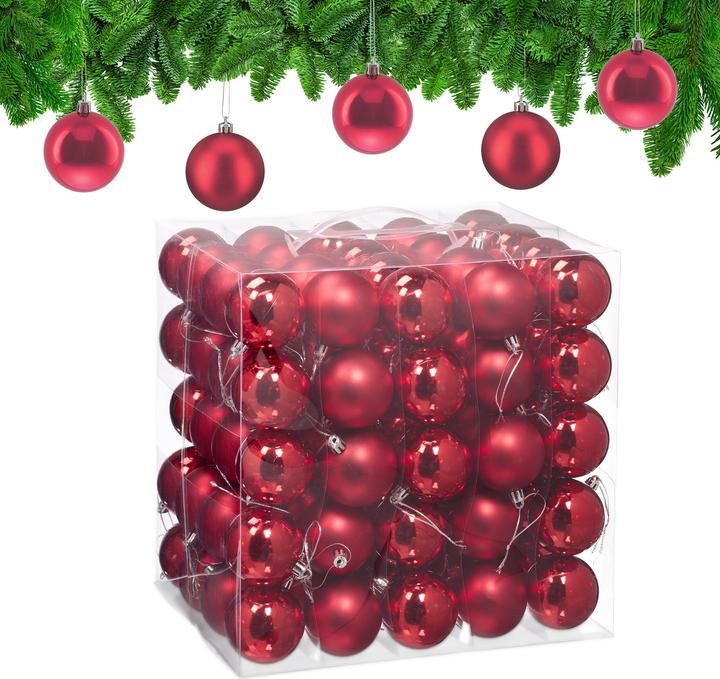 Relaxdays - Weihnachtskugeln 100er Set, Rot/ Silber, 7 x 6 cm (100 -teilig)