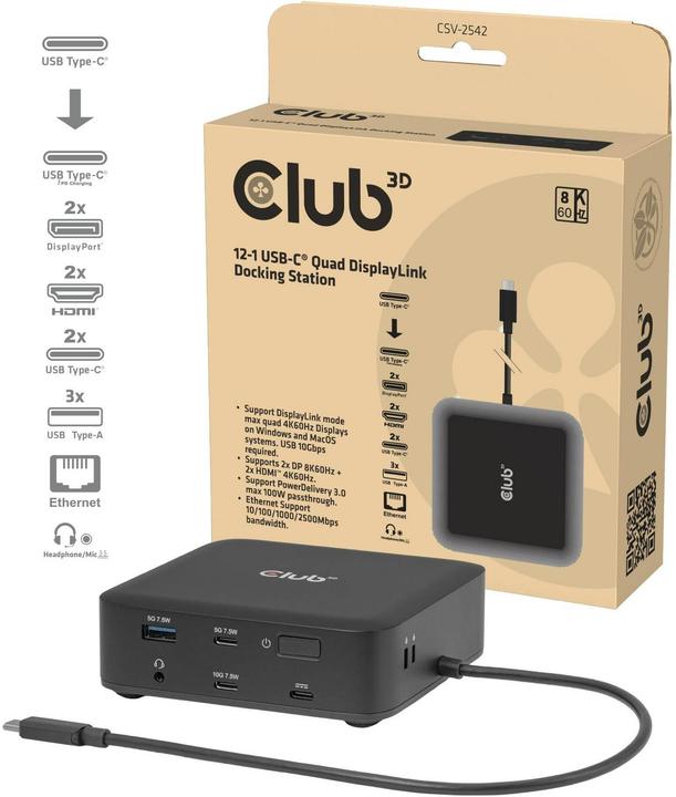 Produktbild Club 3D Club3D USB-C 12in1-Dock >2xDP/2xHDMI/3xUSB-C/ 8K30Hz PD100W (USB-C, 12 Ports)