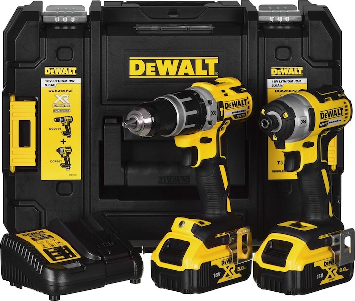 Productafbeelding DeWalt DCK266PT2-QW 18V Combi-set met 5,0 Ah batterijen en lader T-STAK-Box (Oplaadbare batterij)