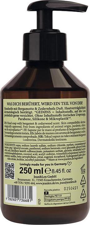 Actual product image Jean & Len Bergamot/Cedarwood (Liquid soap, 250 ml)
