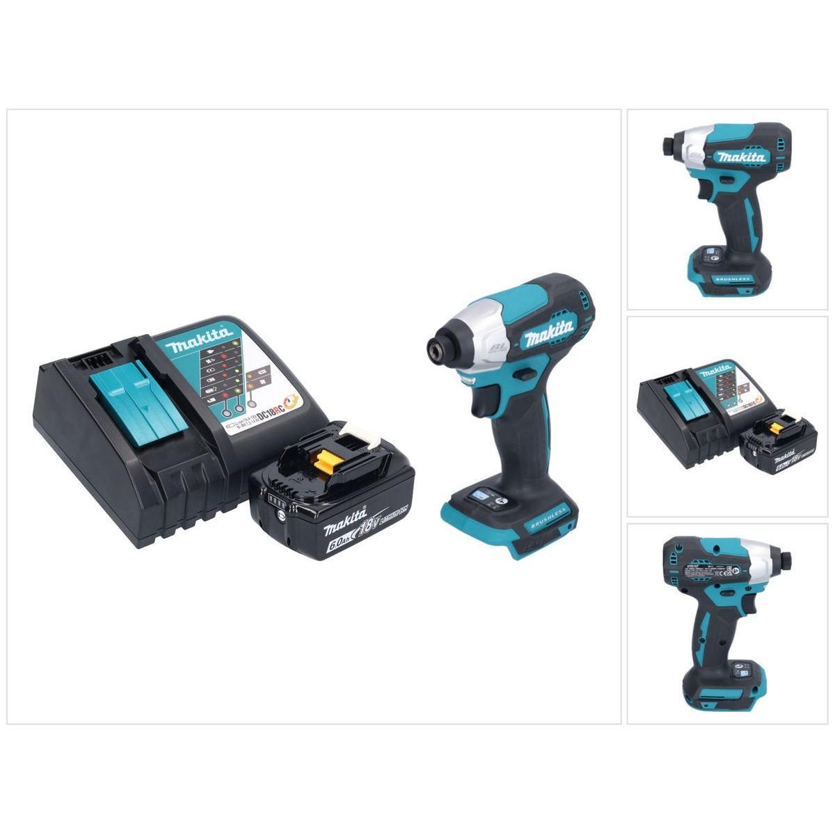 Makita, Bohrmaschine + Akkuschrauber, DTD 157 RG1 Akku Schlagschrauber 18 V 140 Nm 1/4" Brushless + 1x Akku 6,0 Ah + Lad...