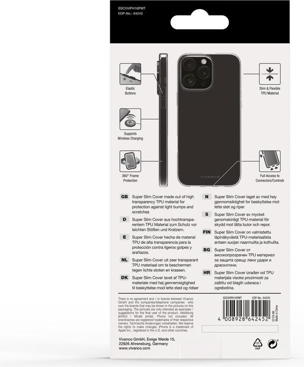 Immagine prodotto Vivanco Cover SUPER SLIM per iPhone 16 Pro Max, trasparente (Apple iPhone 16 Pro Max)