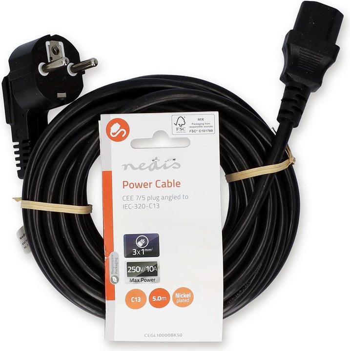 Produktbild Nedis Stromkabel | Schutzkontaktstecker | IEC-320-C13 | Abgewinkelt | Gerade | Vernickelt | 5.00 m | (5 m)