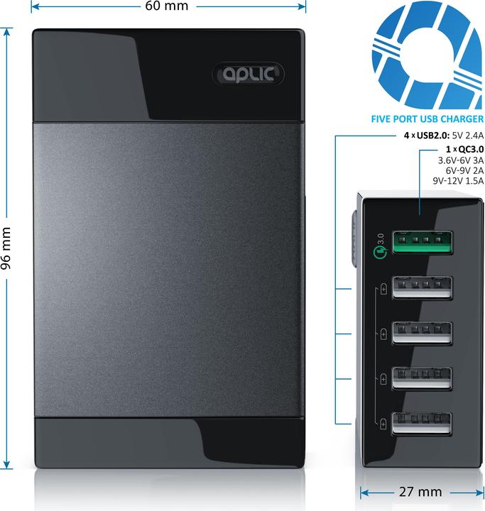 Actual product image Aplic 5 Port USB QC 3.0 Charger (50 W)
