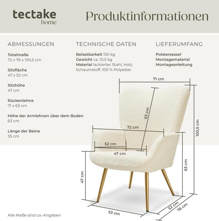Produktbild tectake Sessel Hygge gepolstert, ergonomisch, Belastbarkeit 150 kg