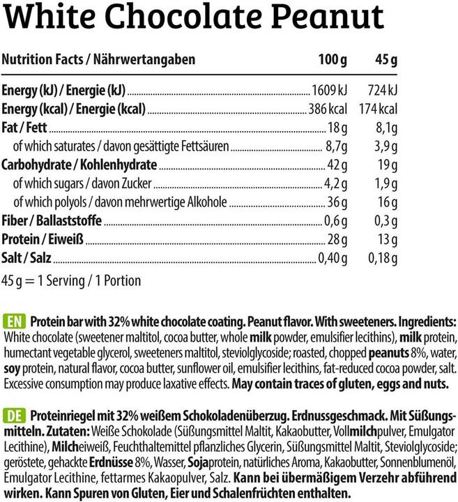 Nutritional values and ingredients HEJ Nutrition HEJ Crispy Protein Bar (12 x 45g) (White chocolate, 1 pcs., 540 g)