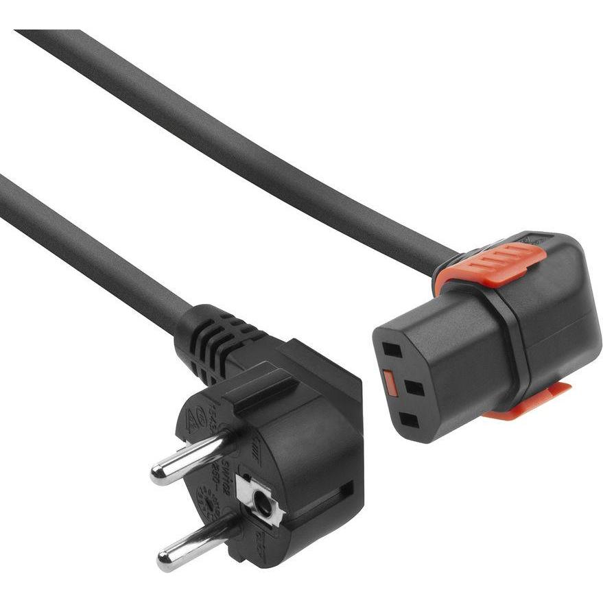 Iec Lock 230V Powercord CEE 7/7 male(angled) to C13 (down angled) lockable, black, 1 meter (1 m), Stromkabel