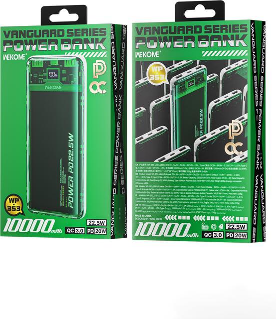 Produktbild Wekome WP-353 Vanguard-Serie – Powerbank 10000 mAh PD 20 W + QC 22,5 W (grün/transparent) (10000 mAh, 22.50 W, 37 Wh)