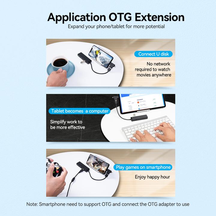 Actual product image Vention USB 3.0 4-Port Hub with Power Adapter CHLBF 1m, Black (USB-A, 4 ports)