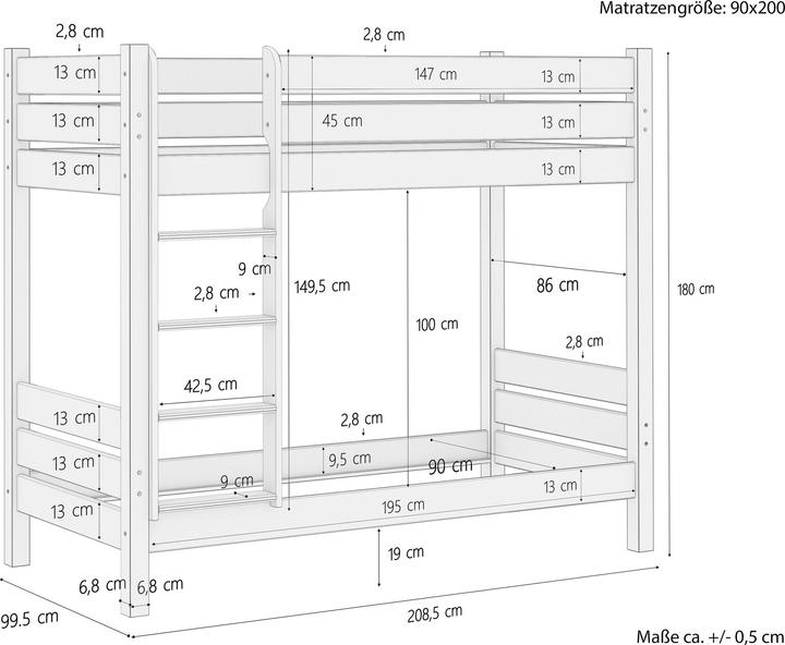 Nährwerte und Zutaten Erst-Holz Etagenbett für Erwachsene 90x200 Kiefer-Stockbett Nische 100 Rollroste Matratzen 60.16-09M (90 x 200 cm)