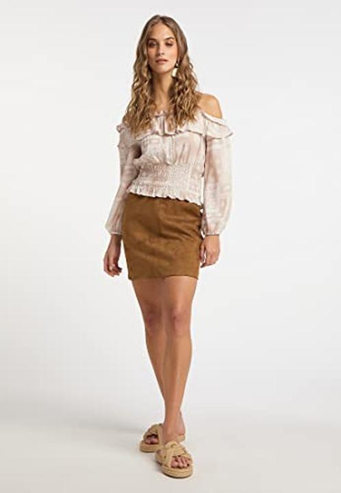 Actual product image Izia Carmenblouse with Ethnic Print, Soft Viscose, Smocked Hem, Neckline Ruffle, Elastic Cuffs (S)