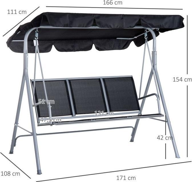 Immagine prodotto Swisshandel24 Hollywoodschaukel 3-Sitzer Gartenschaukel Schaukelbank mit Dach Metall Schwarz+Silber 171 x 108 x 15