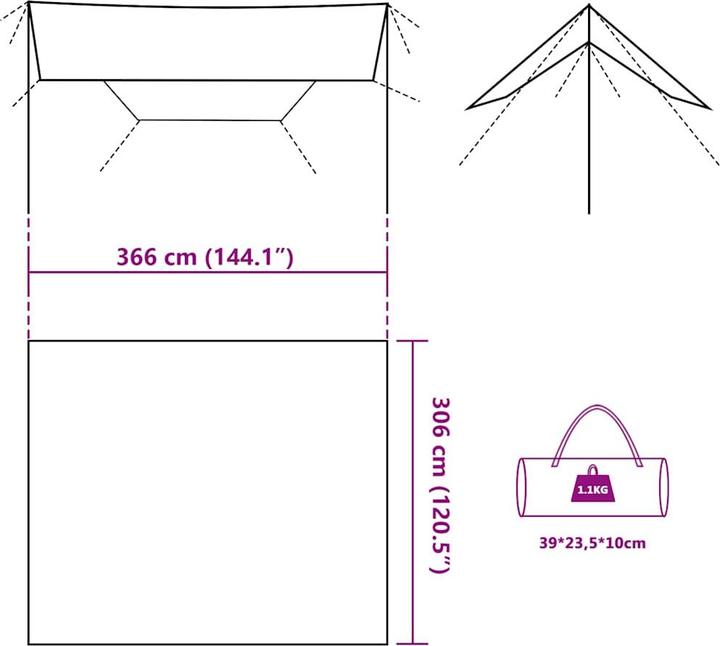 Produktbild vidaXL Tarp Sonnensegel Hängematte Zeltplane Tarnmuster 366x306cm Wasserdicht (Tarp, 1.10 kg)